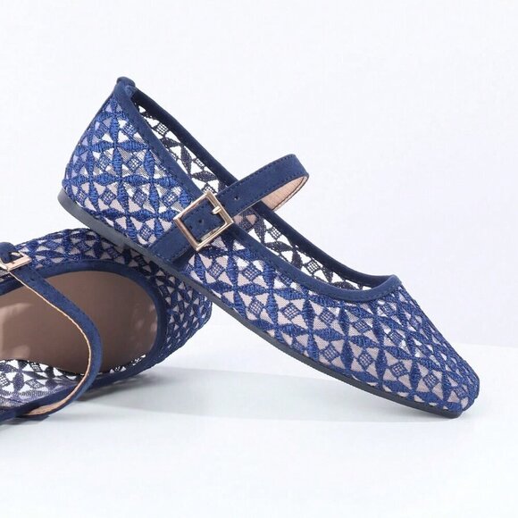 Blue Elegant Women's Woven Square Toe Slip-On Flats - Picture 2 of 7